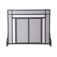 Large Fireplace Screen with Hinged Magnetic Doors  Tubular Steel Frame  Tempered Glass Accents  Metal Mesh  Free Standing Spark Guard  Decorative Design  Matte Black Finish  44 W x 33 H - B005FNJ6V6